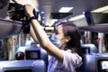 Asian female student stowed her backpack in a overhead storage on the school bus,child girl wearing protective mask to safety from