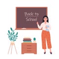 Asian female teacher at classroom near blackboard. Education, lecture and lesson at school. Vector illustration in flat Royalty Free Stock Photo