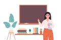 Asian female teacher at classroom near blackboard. Education, lecture and lesson at school. Vector illustration in flat Royalty Free Stock Photo