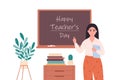Asian female teacher at classroom near blackboard. Education, lecture and lesson at school. Vector illustration in flat Royalty Free Stock Photo