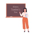 Asian female teacher near blackboard. Happy Teachers Day. Education, lecture, lesson. Vector illustration in flat style Royalty Free Stock Photo