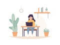 Asian female working on laptop at home with coffee and plants. Casual remote work setup. Freelancer productivity vector