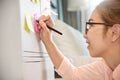 Asian Female writing on post it notes. Royalty Free Stock Photo