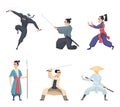 Asian fighter. Man holding katana traditional japan weapon sword samurai ninja vector characters isolated Royalty Free Stock Photo