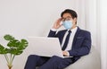 Asian Financial Advisor Wear Face Mask and Glasses Headache