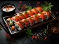 Asian Fish Food Sushi on a Black Plate on a Dark Background extreme closeup. Generative AI Royalty Free Stock Photo