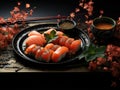 Asian Fish Food Sushi on a Black Plate on a Dark Background extreme closeup. Generative AI Royalty Free Stock Photo