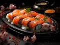 Asian Fish Food Sushi on a Black Plate on a Dark Background extreme closeup. Generative AI Royalty Free Stock Photo