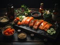Asian Fish Food Sushi on a Black Plate on a Dark Background extreme closeup. Generative AI Royalty Free Stock Photo