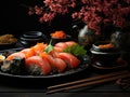 Asian Fish Food Sushi on a Black Plate on a Dark Background extreme closeup. Generative AI Royalty Free Stock Photo