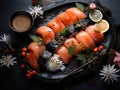 Asian Fish Food Sushi on a Black Plate on a Dark Background extreme closeup. Generative AI Royalty Free Stock Photo