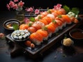 Asian Fish Food Sushi on a Black Plate on a Dark Background extreme closeup. Generative AI Royalty Free Stock Photo