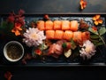 Asian Fish Food Sushi on a Black Plate on a Dark Background extreme closeup. Generative AI Royalty Free Stock Photo