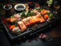 Asian Fish Food Sushi on a Black Plate on a Dark Background extreme closeup. Generative AI Royalty Free Stock Photo