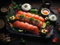 Asian Fish Food Sushi on a Black Plate on a Dark Background extreme closeup. Generative AI Royalty Free Stock Photo