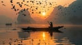 Asian fisherman fishing on boat surrounded by birds in tranquil lake scene at dawn