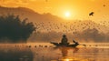 Asian fisherman sits on wooden boat surrounded by birds at dawn on tranquil lake, beautiful scenery