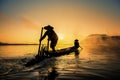 Asian Fishermen on boat fishing at lake