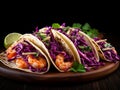 Asian flavored shrimp tacos with red cabbage and green apple slaw. on dark background
