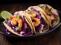 Asian flavored shrimp tacos with red cabbage and green apple slaw