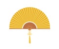 Asian folding hand fan with fringe. Japanese handheld bending paper object. Traditional oriental foldable accessory for