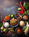 Asian food background with various of cooking ingredients on rustic background , top view , banner. Generative ai. Ai generated Royalty Free Stock Photo