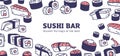 Asian food banner design. Sushi, rolls, Japanese cuisine framed background. Japan Susi bar, Asia meals, dishes Royalty Free Stock Photo