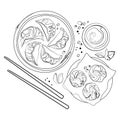 Asian food Dim Sum and Gyoza in bamboo steamer with chopsticks vector sketch illustration Top view.Chinese food Royalty Free Stock Photo