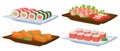 Asian food dishes. Cartoon Japanese seafood, traditional asian cuisine, sushi rolls and shrimps on plates flat vector illustration