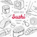 Asian food frame. Vector hand drawn colored illustration. Sushi.