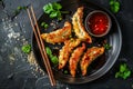 Asian food Gyoza or Jiaozi fried dumplings