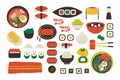 Asian food icons set. Minimal japanese korean thai chinese cuisine, sushi shrimp sashimi salmon rice ramen tom yum soup Royalty Free Stock Photo
