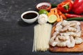 Asian food. Ingredients for cooking stir fried noodles with shrimps Royalty Free Stock Photo