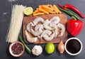 Asian food. Ingredients for cooking stir fried noodles with shrimps, top view