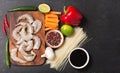 Asian food. Ingredients for cooking stir fried noodles with shrimps, top view