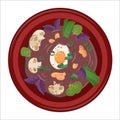 Asian food isolated. Ramen soup closeup. Oriental dish with egg, pepper chilli, onion, mushrooms. Vector flat illustration for