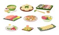 Asian food. Japanese and Chinese noodles rice and in bowls, spicy meal. Vector rolls with chopsticks set