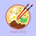 Asian food logo. Top view of bowl with noodles. Chinese noodles with chopsticks