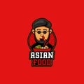 Asian food mascot logo fashioned character with beard and round eyeglasses in shopisticated cartoon fun style with bakso ramen in