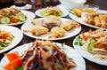 Asian food menu.Fried springrolls with shrimps and assortments of fresh salads in Vietnamese cuisine restaurant.Delicious seafood Royalty Free Stock Photo