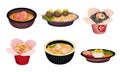 Asian Food with Noodle and Soup in Carton Boxes and Bowls Vector Set