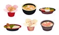 Asian Food with Noodle and Soup in Carton Boxes and Bowls Vector Set