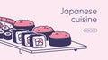 Asian food ordering website interface. Sushi rolls, maki and gunkan delivery, web-page background design. Japanese