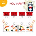 Asian food. panda collects a sushi set. Mini-game for children How much. Japanese kitchen