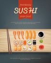 Asian food poster. Ads placard for japan gourmet traditional cuisine with seaweed seafood rolls sushi and delicious Royalty Free Stock Photo