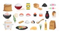 Asian food. Rice agriculture products. Cute variety diet ingredients. Noodle or sushi eating. Cereal sack and bowl