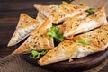 Asian food. Samsa samosas with chicken fillet and cheese