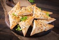 Asian food. Samsa samosas with chicken fillet and cheese