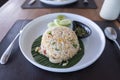 Asian food , Shrimp fried rice with vegetable on white plate Royalty Free Stock Photo