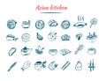 Asian food sketch icon set. Chinese and Thai restaurant food. Oriental design isolated on white background with shrimp
